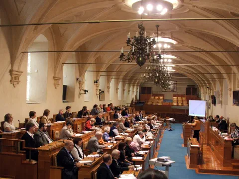 Прага дахь Валленштейны ордонд байрлах Чехийн Сенатын үндсэн танхим: нуман тааз, лааны суурьтай дэнлүүнүүд, модон ширээнүүдийн ард суусан хүмүүс