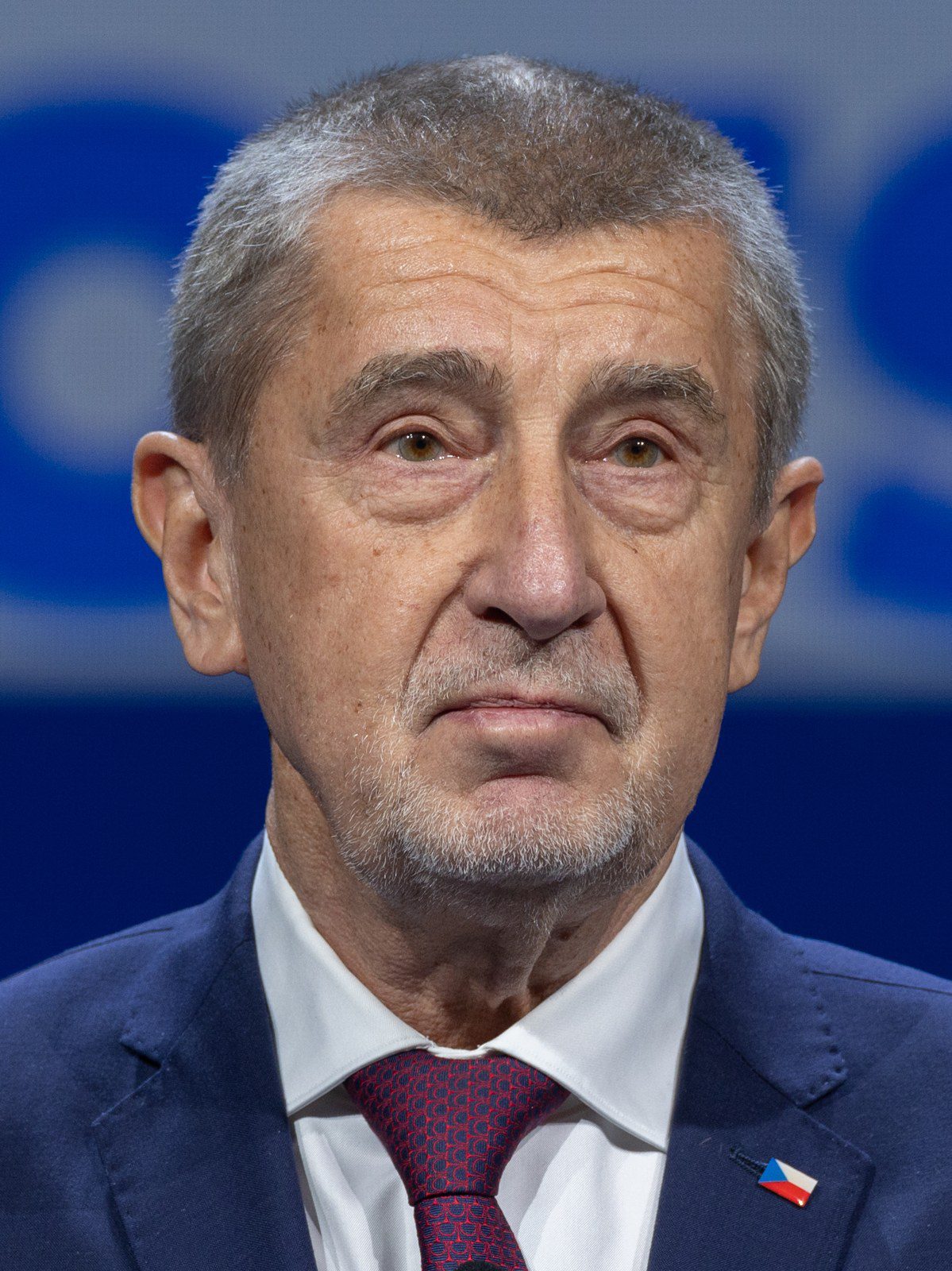 Чехийн Ерөнхий сайд Андрей Бабишийн хөрөг зураг: хар хөх хүрэм, цагаан цамц, улаан зангиатай, энгэртээ Чехийн далбаатай энгэрийн тэмдэг зүүсэн, ар тал нь цэнхэр