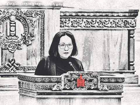 УИХ-ын гишүүн Б.Жаргалан УИХ-ын индэр дээр үг хэлж буйг харандаа, бэхээр зурсан мэт болгосон зураг