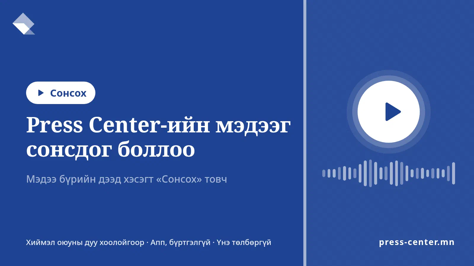 Цэнхэр дэвсгэр дээр Press Center-ийн лого, тоглуулах товч, дууны долгион болон «Press Center-ийн мэдээг сонсдог боллоо» гэсэн бичиг